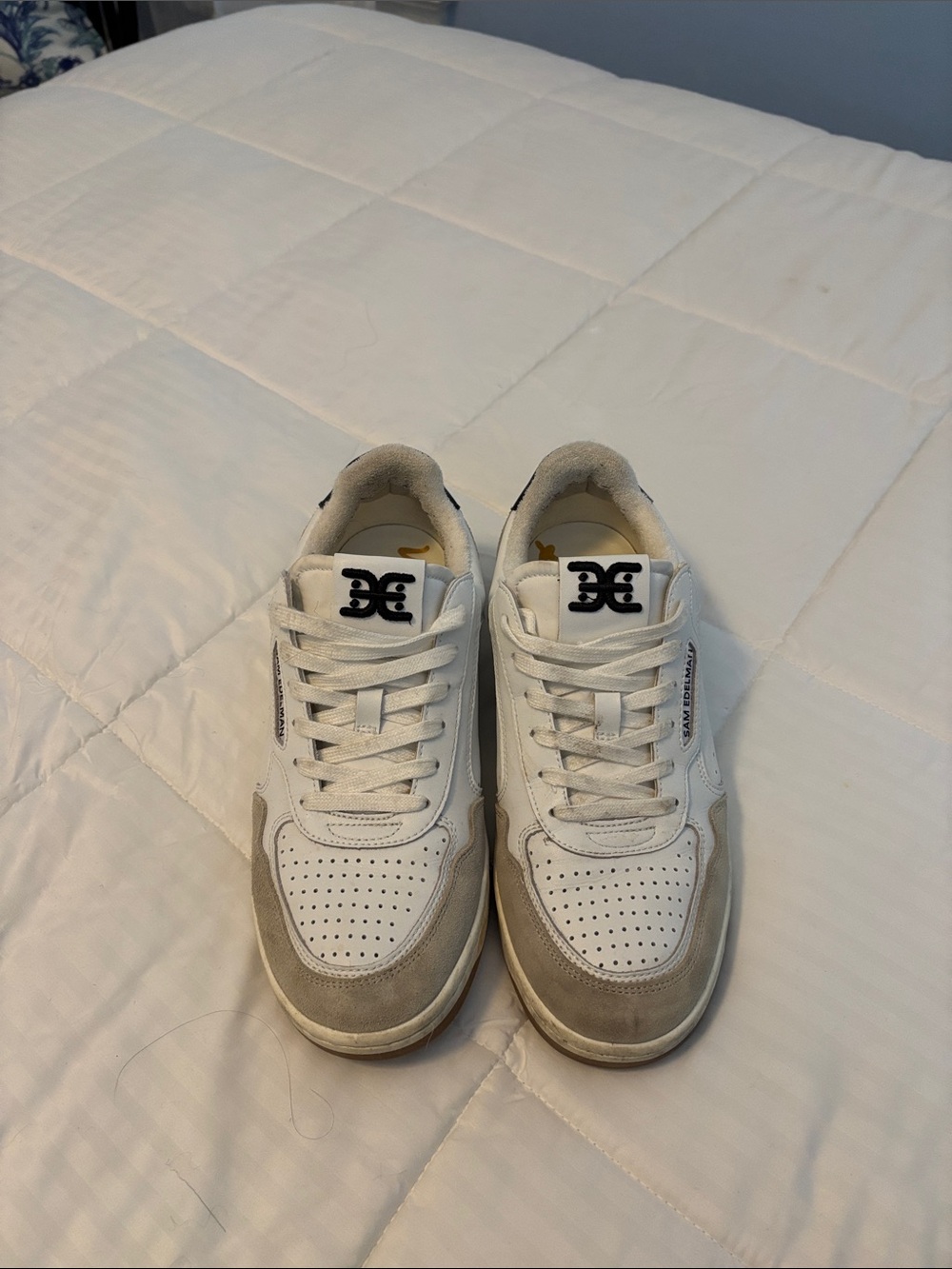 Sam Edelman White and Taupe Leather Lace-Up Sneakers
